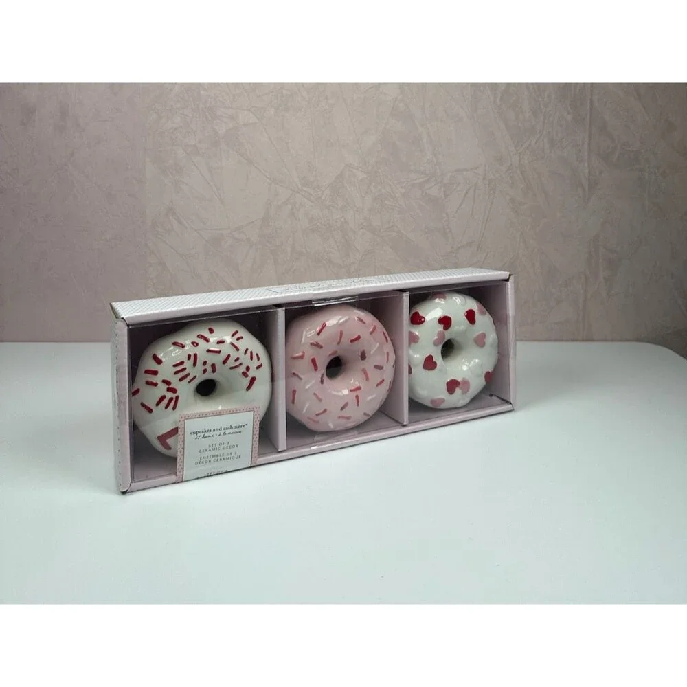 Cupcakes & Cashmere Valentines Donut Sprinkle Love Hearts Ceramic Decor Set of 3